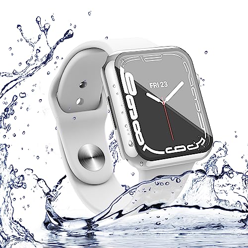 Image of Misxi [2 Pack] Waterproof Anti-Scratch Case with Button for Apple Watch Series 9 (2023) Series 8 Series 7 41mm, Hard PC Cover with Tempered Glass Screen Protector for iWatch, 1 Silver + 1 Transparent