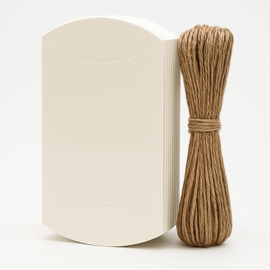 mudrit Pillow Paper Boxes - Set of 50 with Jute Twine | Decorative Folding Paper Gift Boxes for Gifting Chocolates, Dryfruits, and Candies | Size 5.5" x 3.5" (White)-image-7