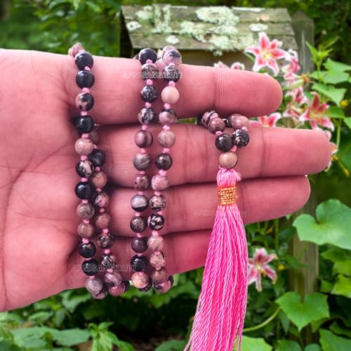 Image of Apnisanskriti Premium Rhodonite Stone Mala for Men and Women (6mm, AAA Quality, Lab Certified, 108+1) - Natural Stone Beads Mala - Pink & Black Veins Colour - Pack of 1