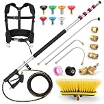 24FT Telescoping Pressure Washer Wand,roof Cleaning Equipment, Gutter Cleaning Tools with Washer Extension Pole Attachment, Metal Support Belt, Brush Head, 5 Adapters, 7 Spray Nozzles