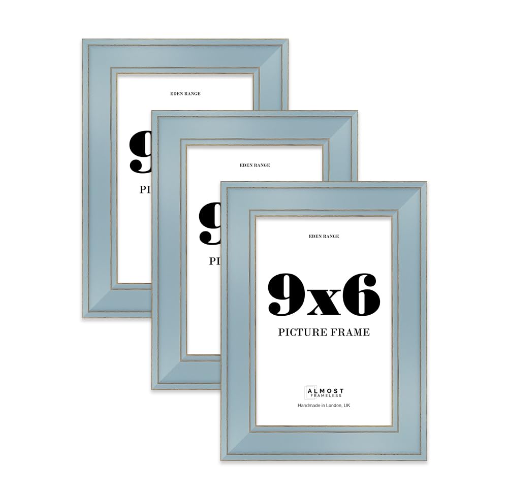 9x6 Cornflower Blue Picture Frame - Shabby Chic Photo Frame with Distressed Finish, Gold Trim, Wall Hooks and Kickstand, 37mm Edge - 3 Pack