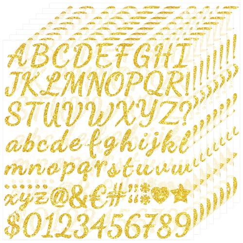 664 PCS Glitter Gold Letter Stickers 1 Inch Vinyl Self Adhesive Alphabet Number Stickers 8 Sheets Letters Stickers for Graduation Cap Scrapbooking Water Bottles Laptop Mailbox DIY Crafts Sign Decor