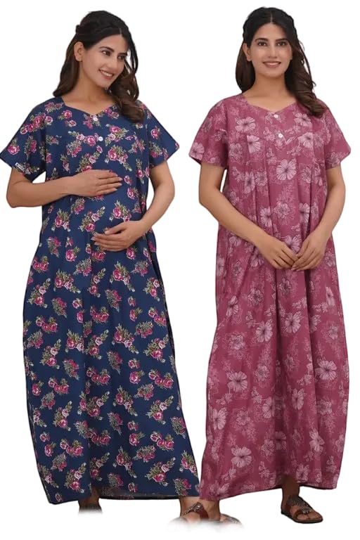 Padmavati Creation' Maternity Feeding Nighty with Front Zipper Soft Cotton Nursing Night Dress for Pregnancy & Breastfeeding CTN_NGT_FLO_CMB_12-image-49