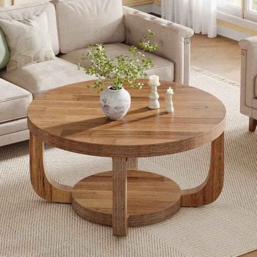 Image of Tribesigns Round Coffee Table, 2-Tier Circle Coffee Table with Storage, Modern Wooden Accent Center Table for Living Room, Thick Tabletop & Base (Rustic Brown)