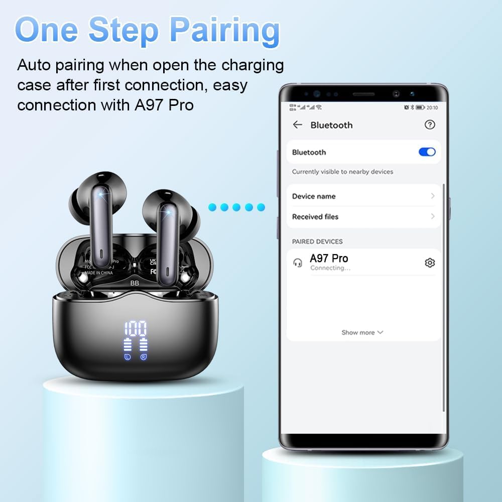 Cuffie Bluetooth 5.4 In Ear HD HiFi Stereo, 40 Ore Wireless con 4 Mics ENC Cancellazione Rumore, IP7 Impermeabili, USB-C, Nero