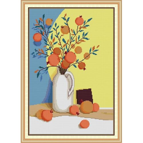 Image of JOYSEWING Vase Stamped Kits Cross Stitch for Adults 11CT, 3 Strands Counted Cross Stitch Kits Wall Art Embroidery for Beginners DIY Arts Craft Home Decor - (Pomegranate (11CT) 16.93 x23.62inches)