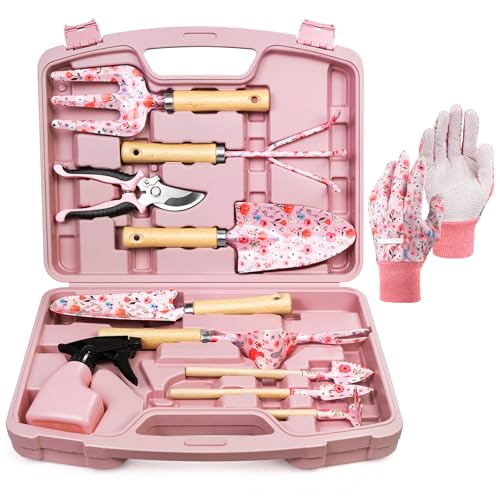 Grenebo 12-teiliges Gartenwerkzeug Set für Frauen, rostfreie & strapazierfähige Gartengeräte mit robustem Transportbehälter, modische & durchdachte Garten Geschenke für Frauen (Rosa)
