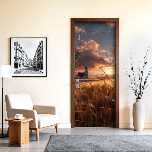 Image of Broken Glass Wheat Field Rustic Church Door Mural 30.31x78.74in
