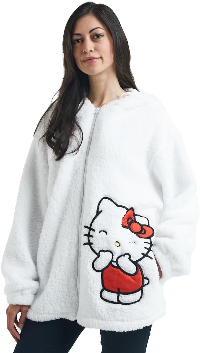 Hello Kitty Women's White Long Sleeve Cosplay Faux Shearling Zip-Up Hoodie