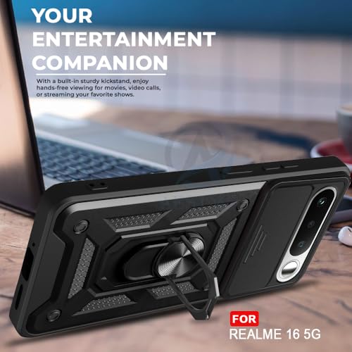 Image of AESTMO Tough Armor Realme 16 5G Bumper Back Case Cover | Ring Holder & Sliding Camera Shield Cover | 360 Degree Protection Back Case Cover for Realme 16 5G (Black)
