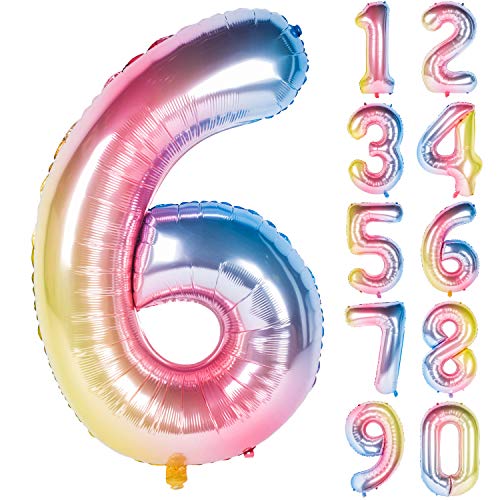 Image of 40 Inch Rainbow Digit Helium Foil Birthday Party Balloons (Lightly color 6) | Helium Foil Birthday Party Balloons big size Gradients Rainbow Digit