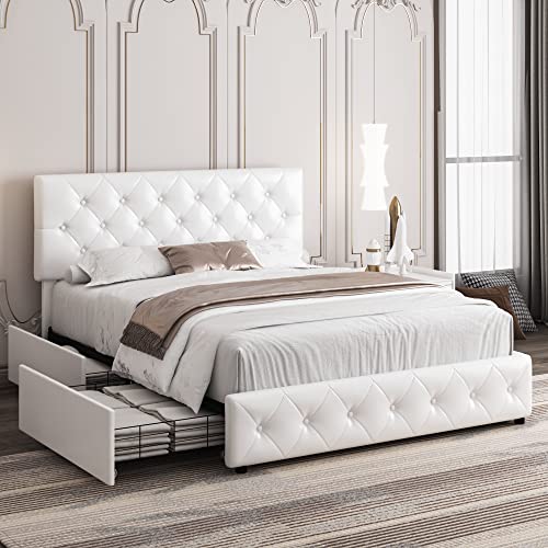 Queen Bed Frame with Storage and Adjustable Headboard, Bed Frame with 4