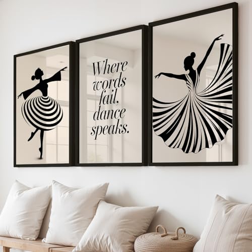 Image of NoWorries Minimalist Ballet Dancer Wall Art Framed Painting Set of 3 | Black & White Dance Silhouette Prints with Frame | inchWhere Words Fail, Dance Speaks inch Quote | Modern Aesthetic Ballet Decor Frames for Living Room, Bedroom and Studio, Framed Artwork Ready to Hang (Art-10, 21x31inch, Wooden)