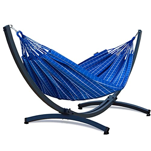 Potenza Outdoor Hängematte mit Verzinkter Tytan Gestell für 2 Personen I Baumwolle Catargo - Doppelhängematte 220x160, 220kg I Hängemattengestell 350kg, wetterfest (Blau, Basic Gestell Graphit)