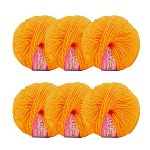 Image of Vardhman Baby Soft Yarn Pack of 6 - 4-Ply Acrylic Wool 150g Total | Soft Yarn for Knitting & Crocheting Baby Blankets, Sweaters, Toys & Accessories | 86m per 25g Ball (1, Orange)