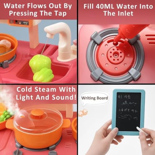 Image of Kitchen Play Set for Kids with Running Water Sink, Steam Cooking Stove, Sound & Light Effects, Refrigerator Storage, Writing Board, 42 Accessories Pretend Play Cooking Toy for Boys & Girls