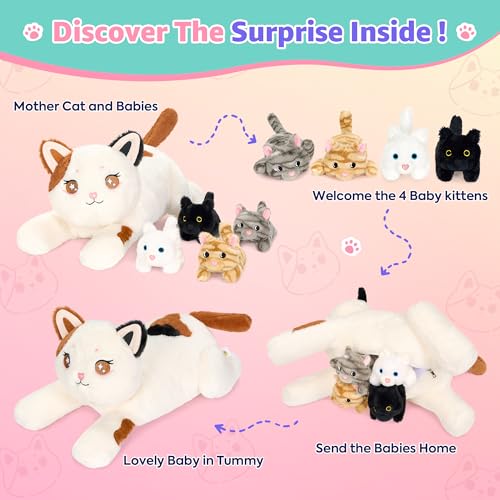 Image of Onsoyours Original 5PC Cat Stuffed Animals with Babies Inside, Kawaii Kiity Plush with Mommy & 4 Kittens - Cute Plushies Toys for Girls Kids (White)