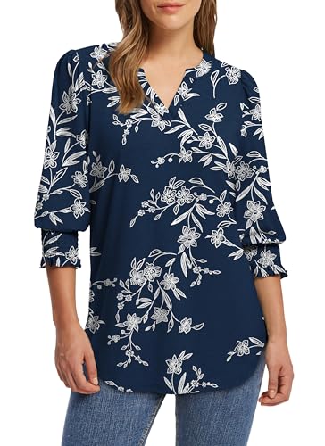 XIEERDUO Blouses for Women Dressy Casual 3/4 Length Sleeve Womens Tops V Neck T Shirts with Smocked Cuffs3