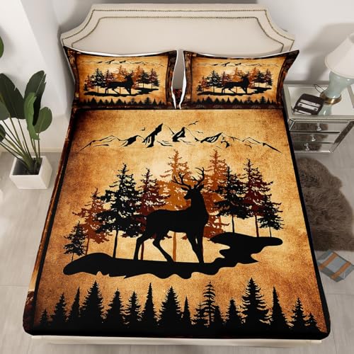 Deer Silhouette Fitted Sheet Queen Size 3 Pcs,Jungle Paw Trees Wild Animal Bedding Set for Kids Teens Adults,Sketch Mountain Retro Wooden Grid Cabin Bed Cover with 2 Pillowcases(No Top Sheet)