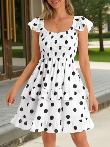 Image of Women Summer Dresses Casual Boho Smocked Ruffle Sun Beach Babydoll Mini Dress Layered Flowy Swing Dress