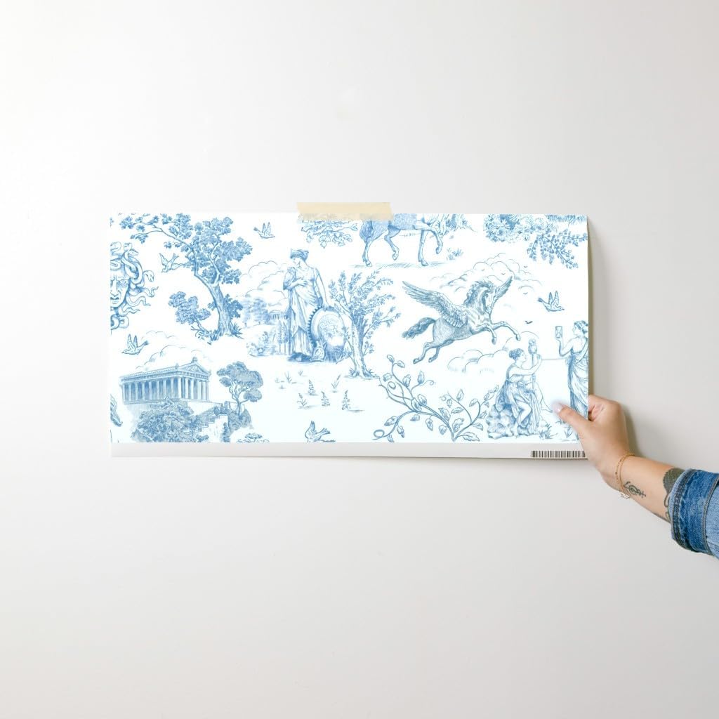 Removable Wallpaper Swatch - Toile Greek Mythology Fantasy Blue and White Hand Drawn Temple Whimsical Pegasus Medusa Trees Custom Pre-Pasted Wallpaper by Spoonflower