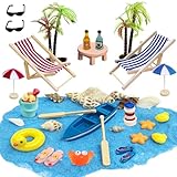 29 Stück Strand-Mikrolandschaft Miniatur Dekoration, DIY Mini-Strand Dekorationen, Strandkorb Sonnenschirm Kleine Palme Segelboot Leuchtturm Muschel Deko, für DIY Garten-Deko Puppenhaus Dekoration