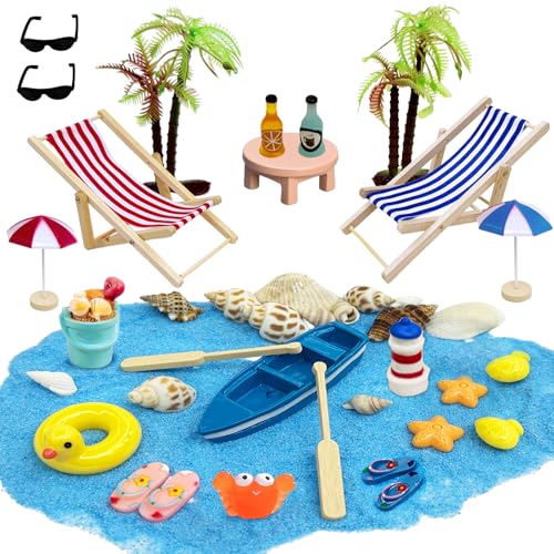 29 Stück Strand-Mikrolandschaft Miniatur Dekoration DIY Mini-Strand Dekorationen Strandkorb Sonnenschirm Kleine Palme Segelboot Leuchtturm Muschel Deko für DIY Garten-Deko Puppenhaus Dekoration