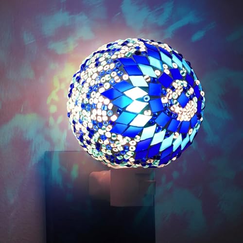 Baquler Turkish Night Light Plug in Wall - Moroccan Stained Glass Globe Lamp Bohemian Bedroom Decor Ambient Warm Light for Living Room Hallway Unique Gift for Women(Blue)