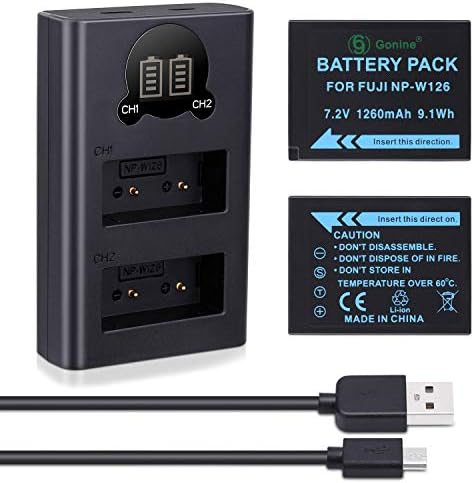 Gonine NP-W126 Battery (2-Pack) and LCD Charger, Compatible with Fujifilm FinePix X-T10, X-T20, X-Pro1, X-Pro2, HS33EXR, HS35EXR, HS50EXR,X-A3, X-A5, X-A10 Cameras.