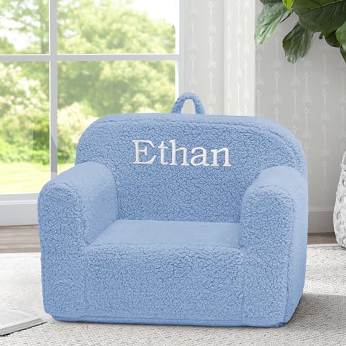 Image of Delta Children Personalized Sherpa Cozee Chair - Customize with Name - Foam Kids Chair for Ages 18 Months and Up, Powder Blue