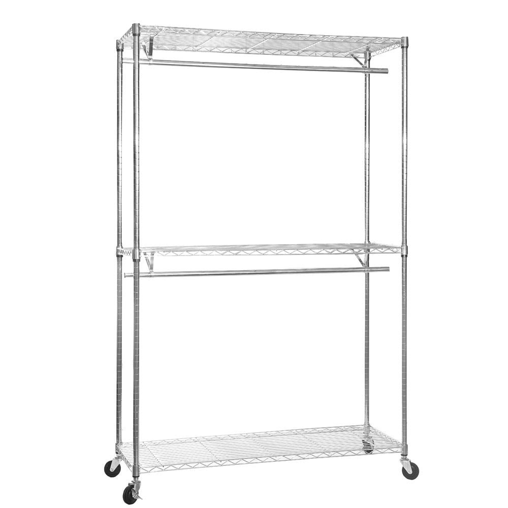 Shopfitting Warehouse 2 Tier Chrome Wire Shelving with 2 Clothes Rails, 3 Shelves and Wheels - 1200mm