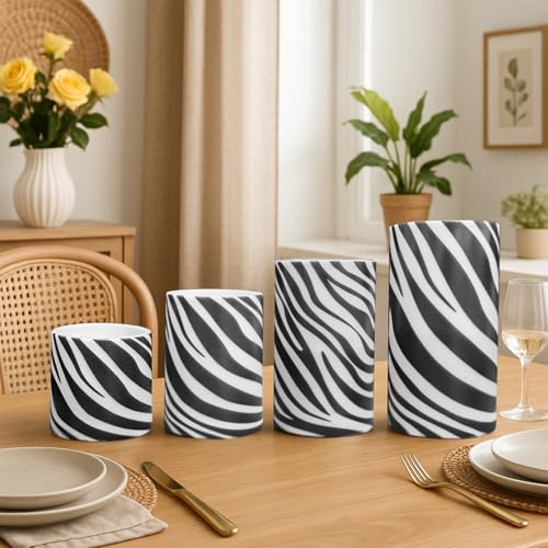 Image of 4Pcs Zebra-Stripe Printed Flameless Candles with Timer Remote | Animal Lover,Black and White Decor,Animal Theme Party Home zebra Decor
