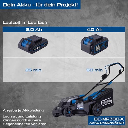 Scheppach Akku Rasenmäher BC-MP380-X | 38cm Schnittbreite | für 450-500m2 | 45L Korb | Schnitthöhe 25-75mm | Brushless | 20V-IXES-Serie | 10 Jahre Garantie | 2x4Ah Akku & Fastcharge Doppelladegerät 3