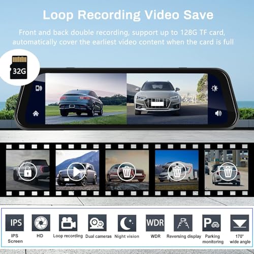 Image of Maharsh 12 inch Touchscreen Mirror Dash Cam with WiFi 4K Front Cam 1080P Rear Cam Monitor Night Vision Muilti Channel Vehicle Interior and Exterior Camera with Carplay Android Auto FM