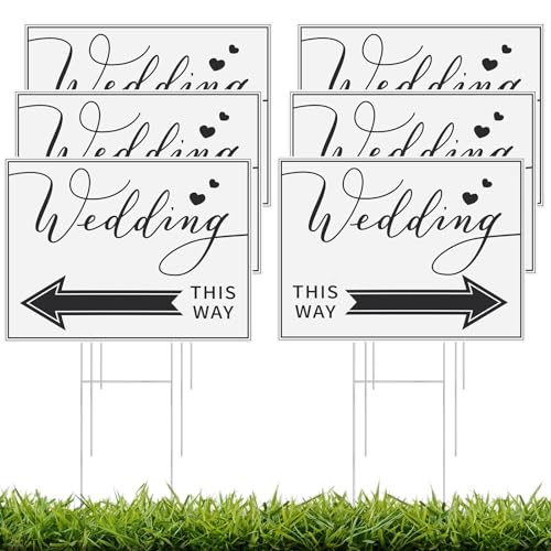 FoldTier 6 Packs Wedding Direction Arrow Signs with H Stakes Wedding This Way Plastic Lawn Yard Sign 16 x 12 Inch Outdoor Waterproof Directional Wedding Signs for Decorations Supplies (Black)