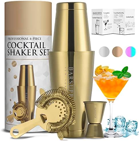 Professional Boston Cocktail Shaker Set | 4-Piece Bar Set | Stainless Steel 304 | 28oz/18oz Weighted Shaker Tins | Hawthorne Strainer | Double Sided Jigger | Recipe Booklet | Bartender Kit (Gold)