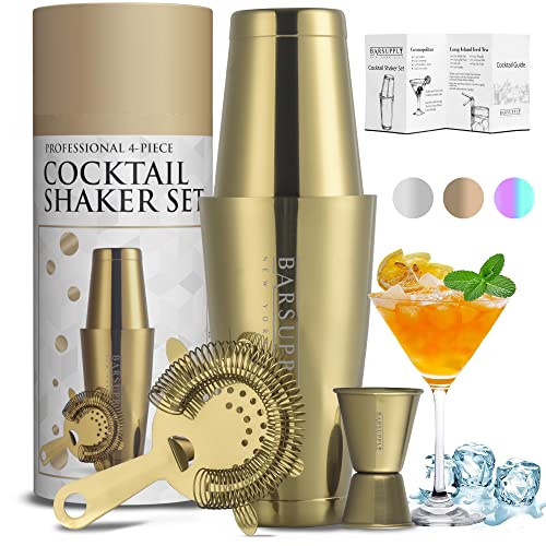 Professional Boston Cocktail Shaker Set | 4-Piece Bar Set | Stainless Steel 304 | 28Oz/18Oz Weighted Shaker Tins | Hawthorne Strainer | Double Sided Jigger | Recipe Booklet | Bartender Kit (Gold) #TOP4