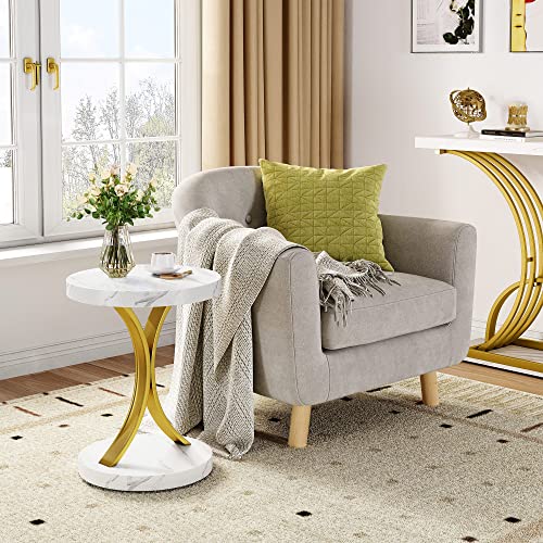 DWVO Round End Tables, Modern Gold Side Table with Metal Frame and Faux Marble Top, Small Accent Table Nightstand for Living Room, Bedroom, Faux Marble White