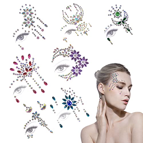 7 pegatinas de piedras preciosas para la cara, cara festiva con purpurina de diamantes de imitación, pegatinas temporales para la cara del tatuaje, pegatinas de diamantes de cristal