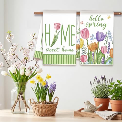 Image of FUTBU Spring Tulips Kitchen Towels, Hello Spring Dish Towels Set of 2 for Bathroom Decor, 18x26Inch Drying Dishcloth Farmhouse Holiday Home Sweet Home Decoration