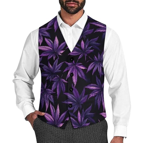 Purple Maple Leaf Weed Men's Suit Vests Dress Vest V-Neck Waistcoat Slim Business Formal with Pocket