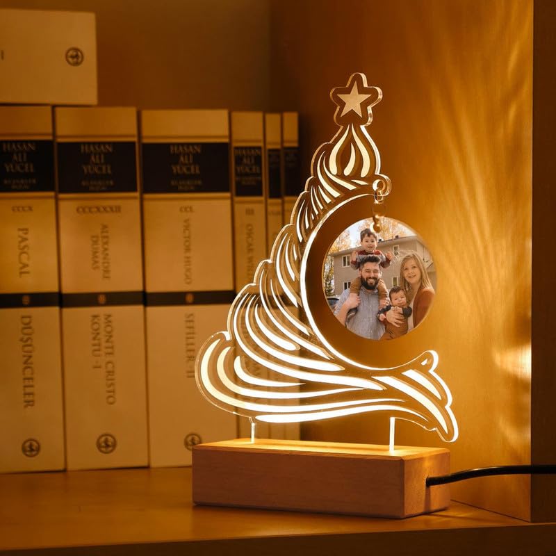 Christmas Tree Acrylic Bedside Table Lamp, Personalized Photo Night Light, Unique Holiday Hosting Decor & Christmas Gift for Him or Her