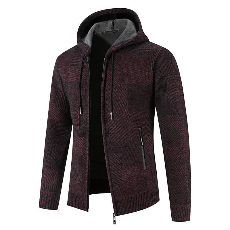 Men's Autumn Winter Fleece Lined Thick Hooded Knit Cardigan4