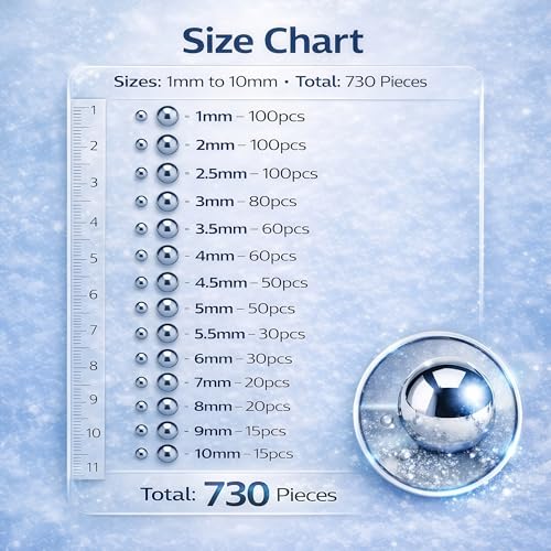 WZHUIDA 730 Stück Kugellager Kugeln, Edelstahl Metallkugeln, Stahlkugeln für Fahrrad Mountainbike Rad Präzision Ersatzteile - 1/2/2.5/3/3.5/4/4.5/5/5.5/6/7/8/9/10 mm