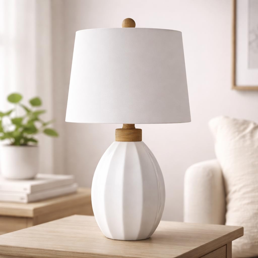 Maxax 23" White Ceramic Table Lamp, Modern Bedside Lamps with White Linen Shade, Nightstand Lamp for Office, Living Room, Bedroom, Single Lamp