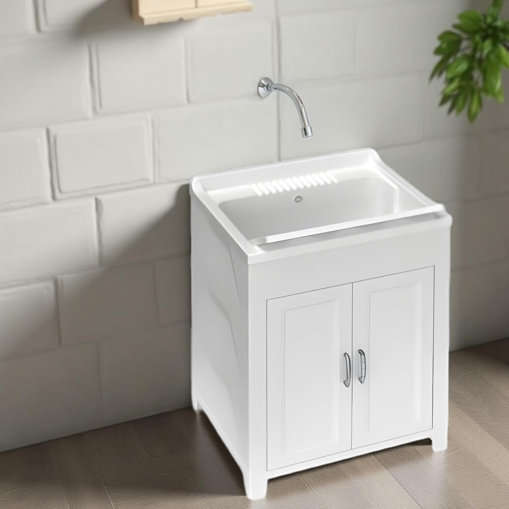 Mobile Lavandino in Resina Forabile per Rubinetto - da Esterno, Interno, Vasca, Garage, a Mano, Lavapanni, Portaoggetti, Lavanderia, Resistente agli Acidi - Made in Italy Bianco