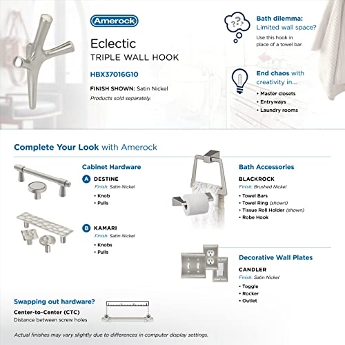 Image of Amerock Kodiak Triple Prong Satin Nickel Wall-Mounted Hook