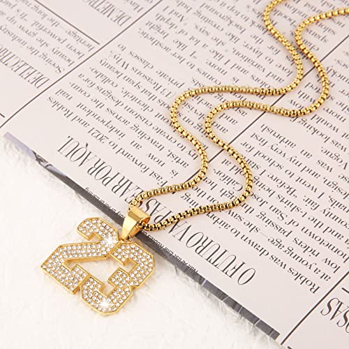 AsAlways 18K Gold Plated Cubic Zirconia Number 23 Basketball Pendant Necklace Men Women Stainless Steel Box Link Chain 22+2 Inch3