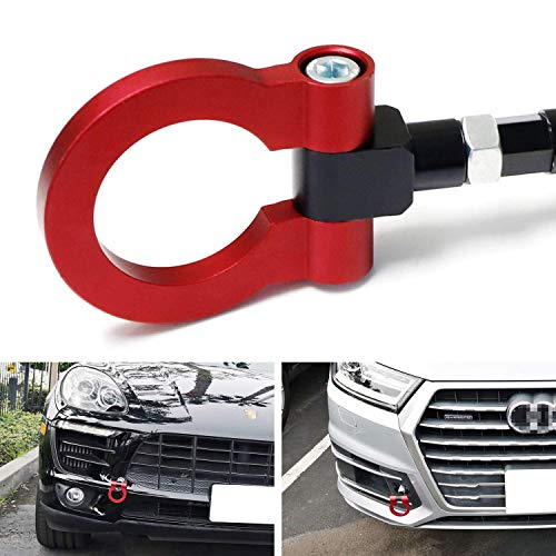 iJDMTOY Red Track Racing Style Front Bumper Tow Hook Ring Compatible With 2014-up Porsche Macan, 2015-2018 Audi Q3, 2016-up Audi Q7, Made of Light Weight CNC Aluminum
