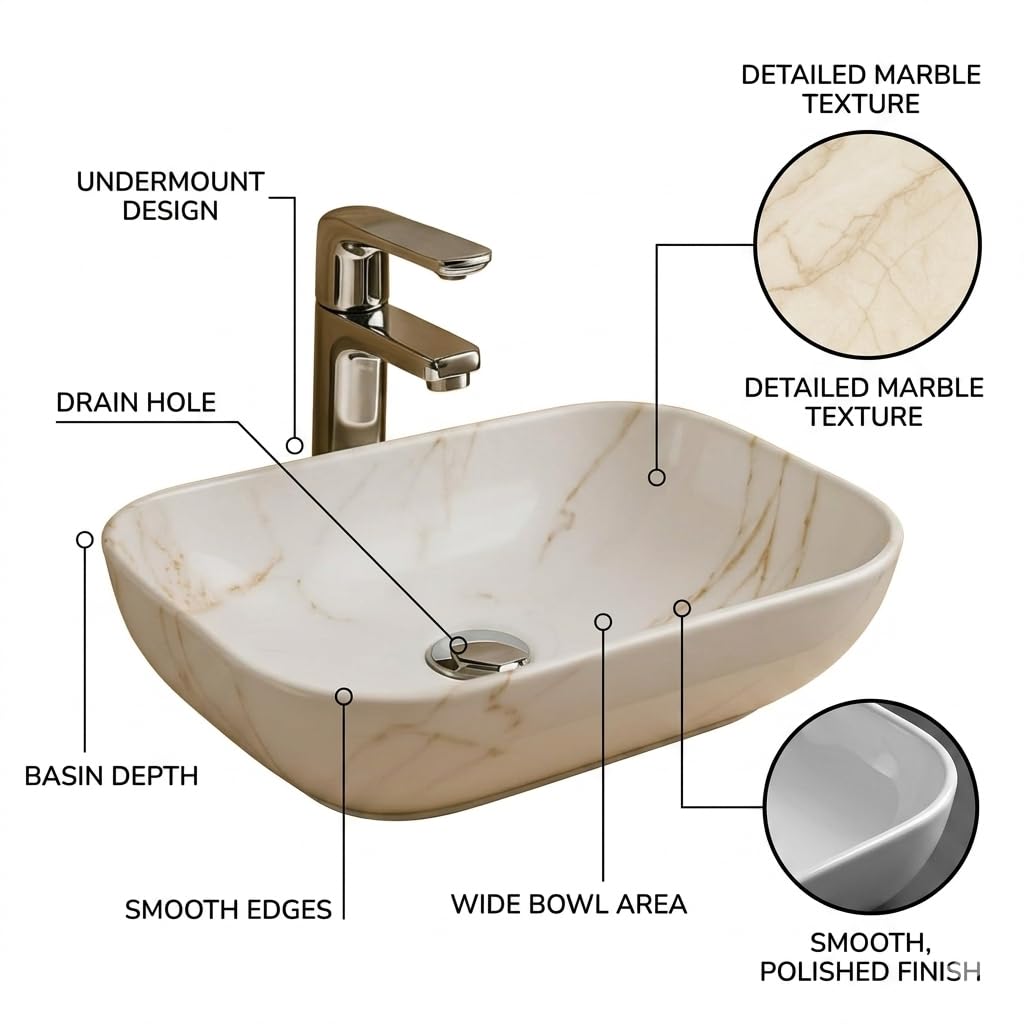 Vivatra Ceramic Tabletop Wash Basin β Glossy Rectangular Countertop Vessel Sink with Marble Finish for Bathroom & Vanity | Compact 18 x 13 x 5 Inch | Elegant Washbasin (VT_WB_LC01_005) 3